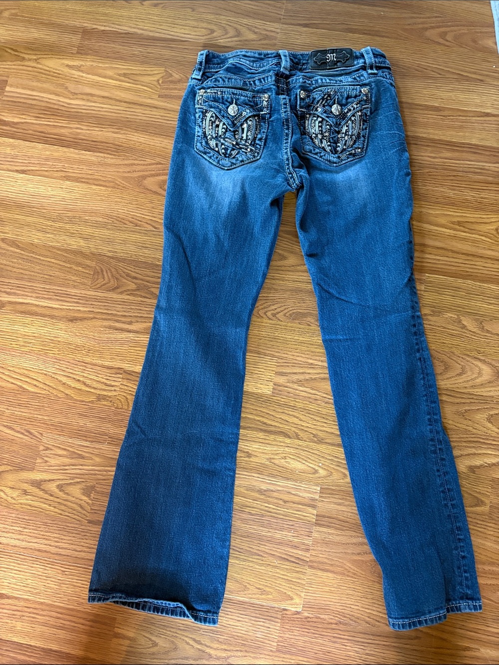 Miss Me Dark Blue Embellished Back-Pocket Flare Jeans